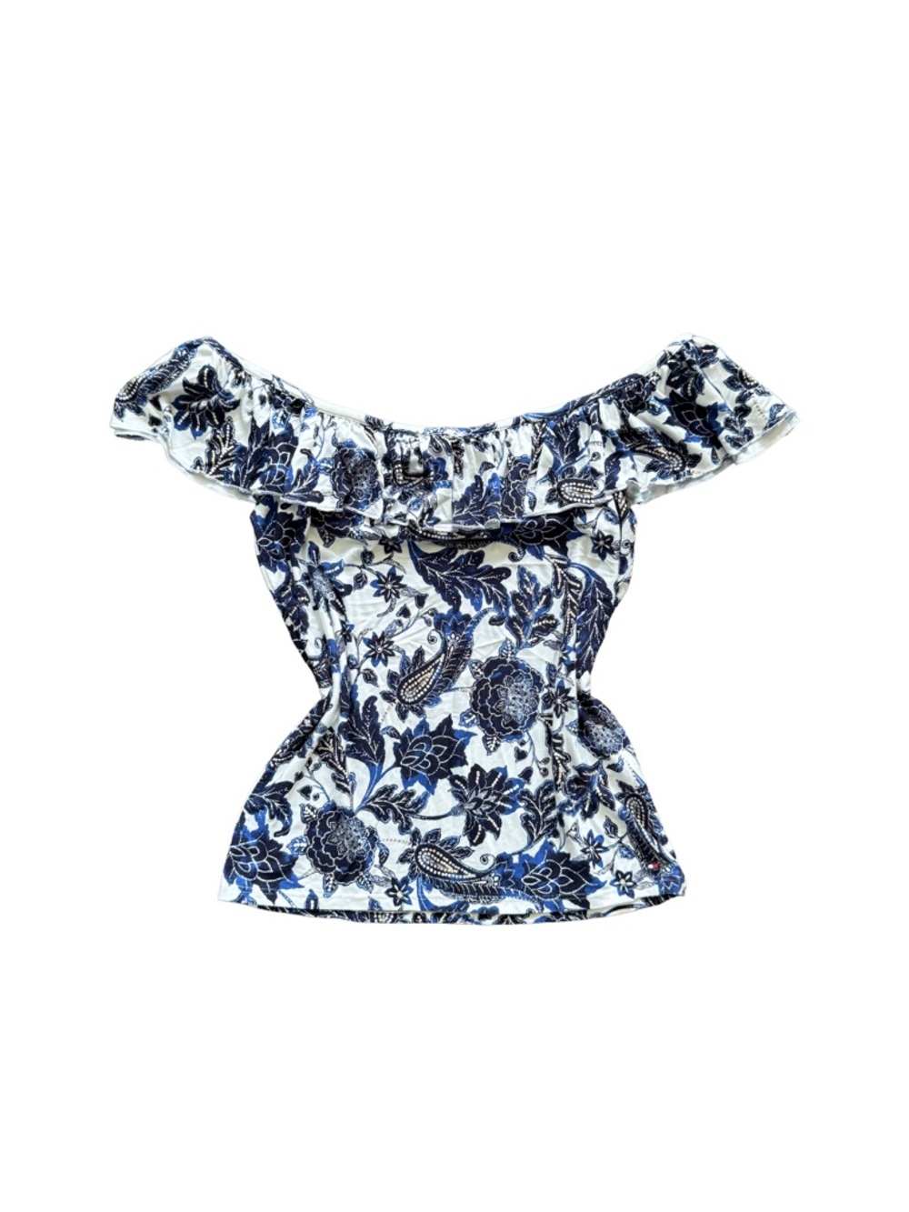 Tommy Hilfiger Blue/White Paisley Off Shoulder Top Boho 2000 Summer Coastal Chic